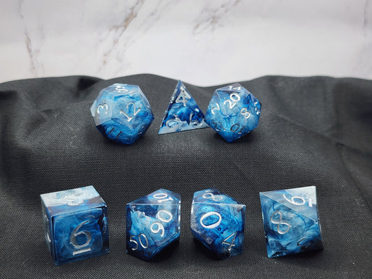 Blue and Silver Marble Dice Set