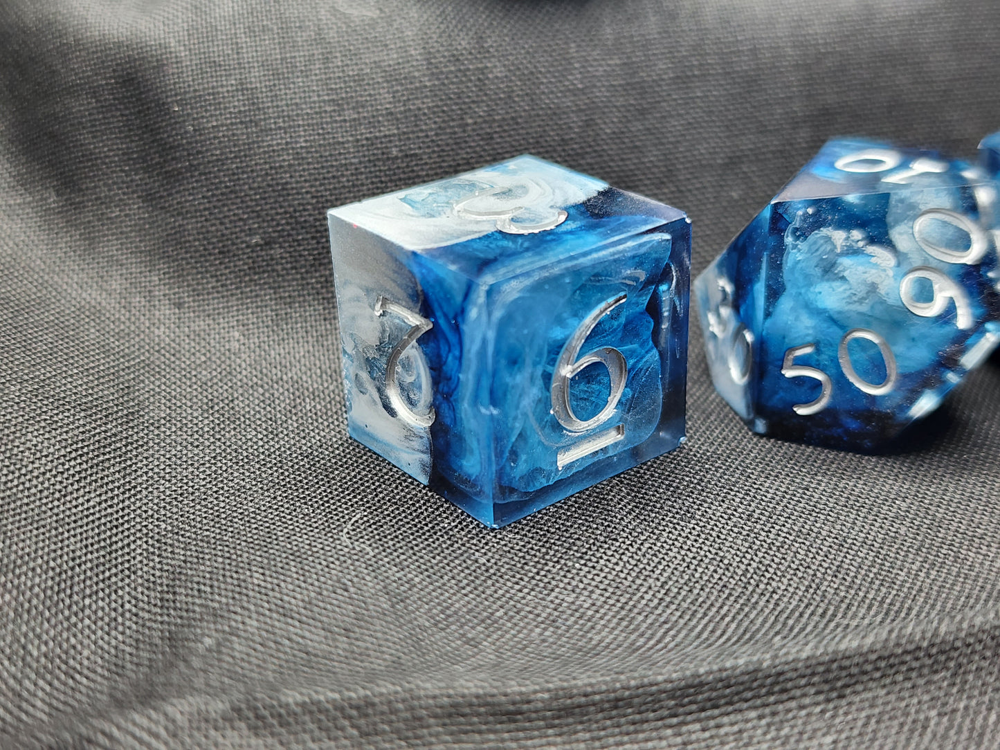 Blue and Silver Marble Dice Set