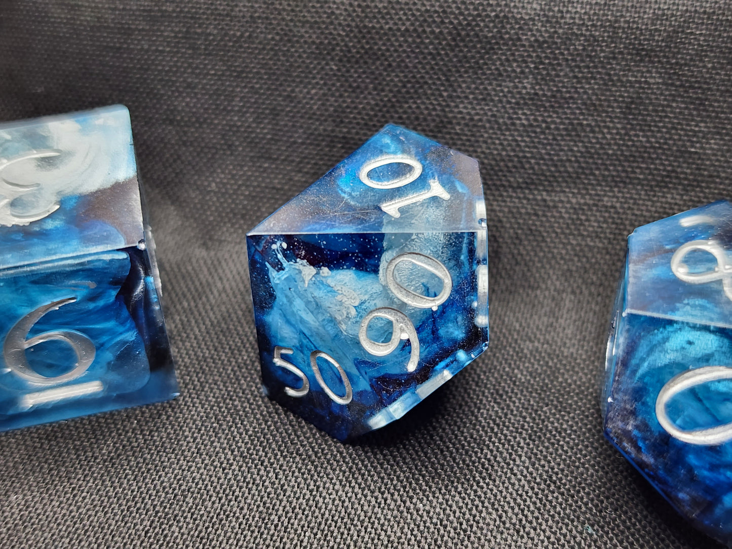 Blue and Silver Marble Dice Set