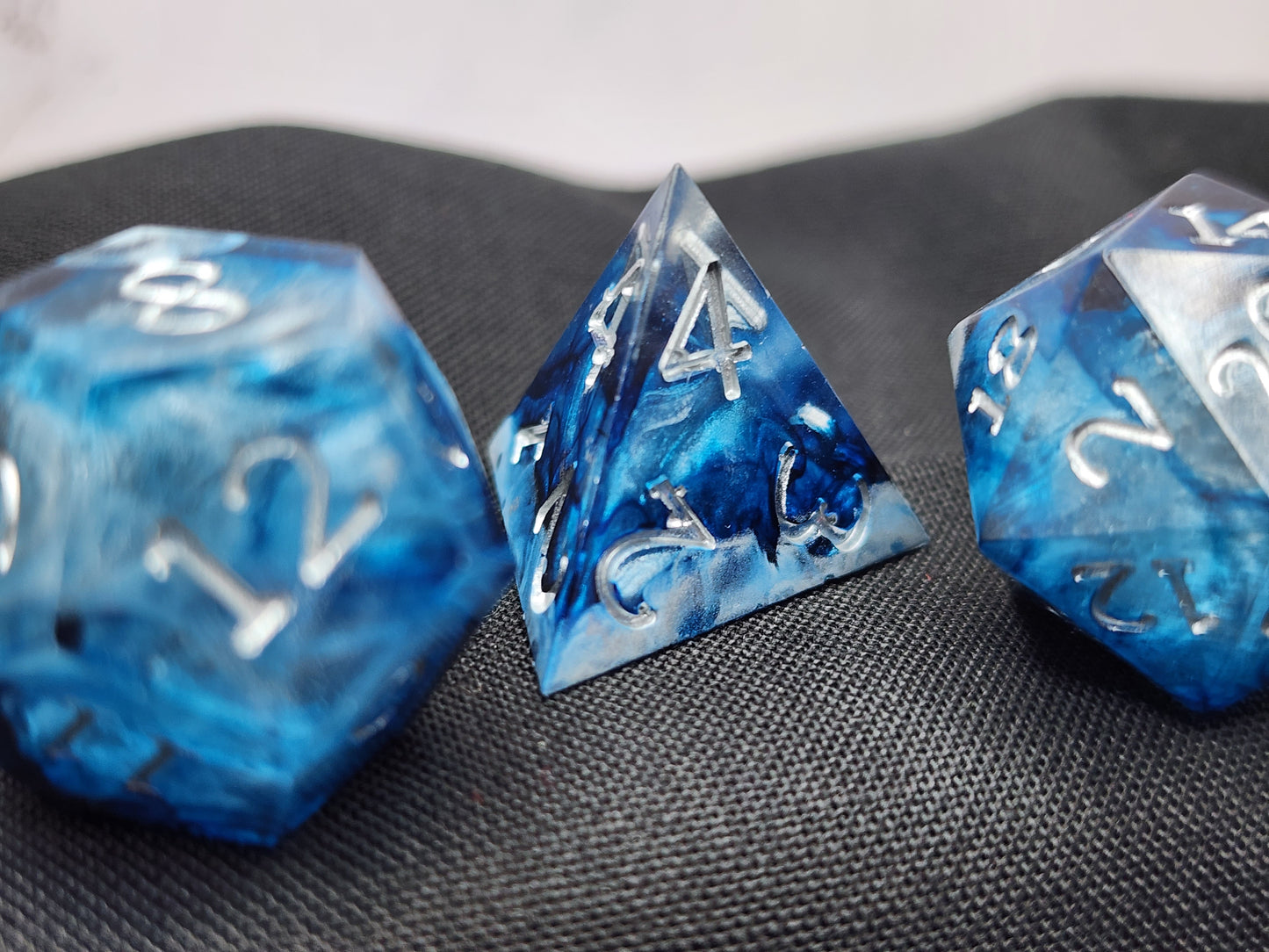 Blue and Silver Marble Dice Set