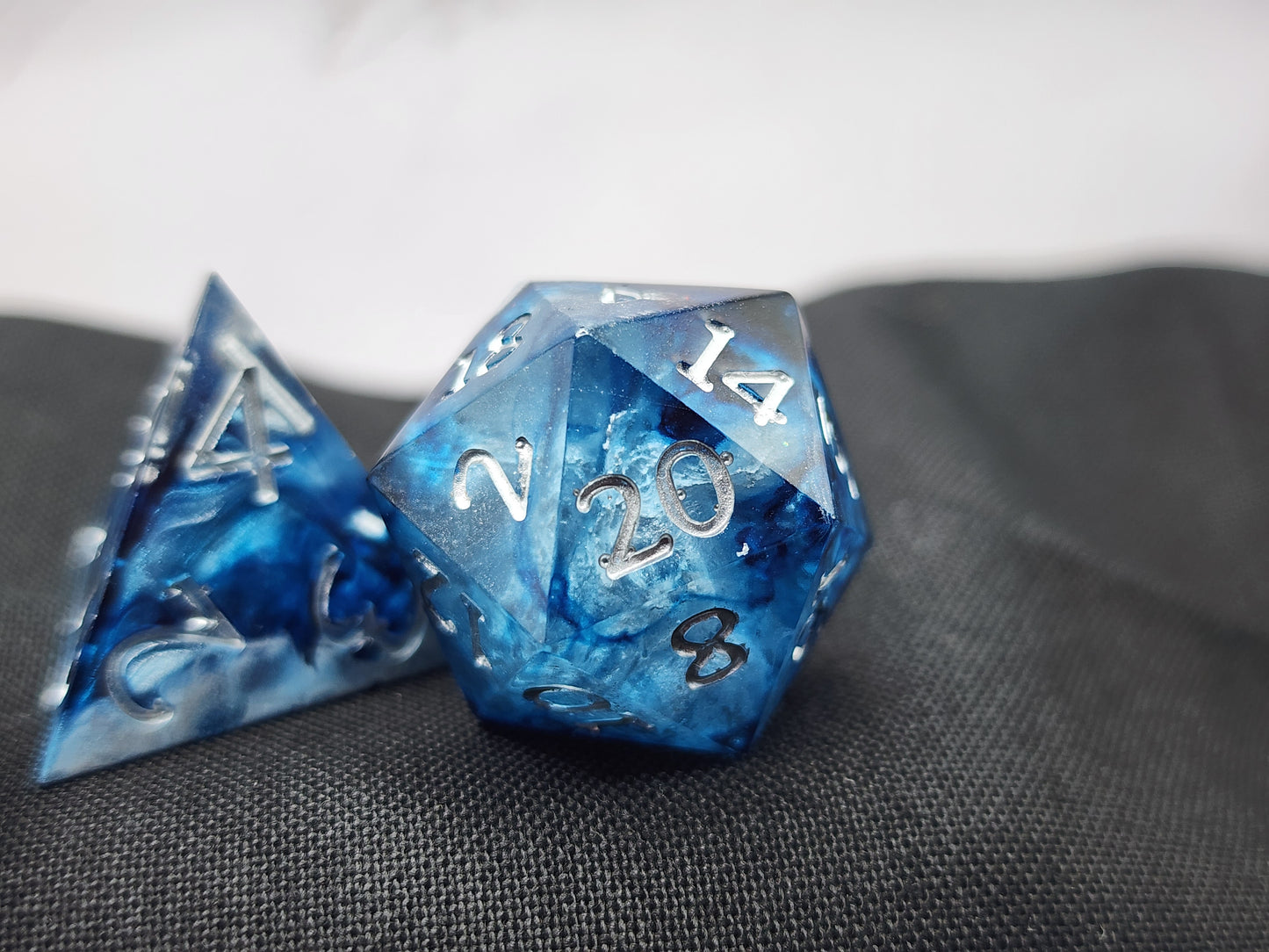 Blue and Silver Marble Dice Set