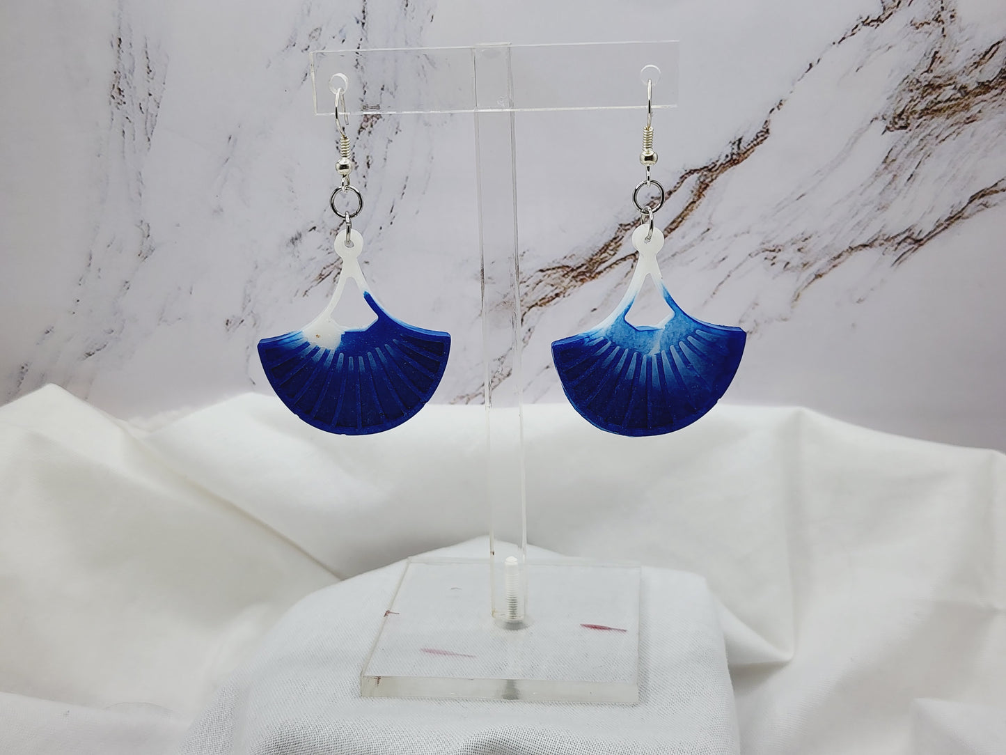 Blue and White Palm Fan Dangle Earrings