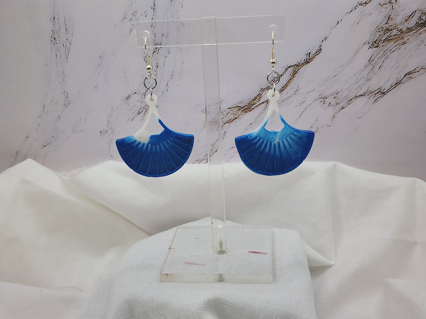 Blue and White Palm Fan Dangle Earrings