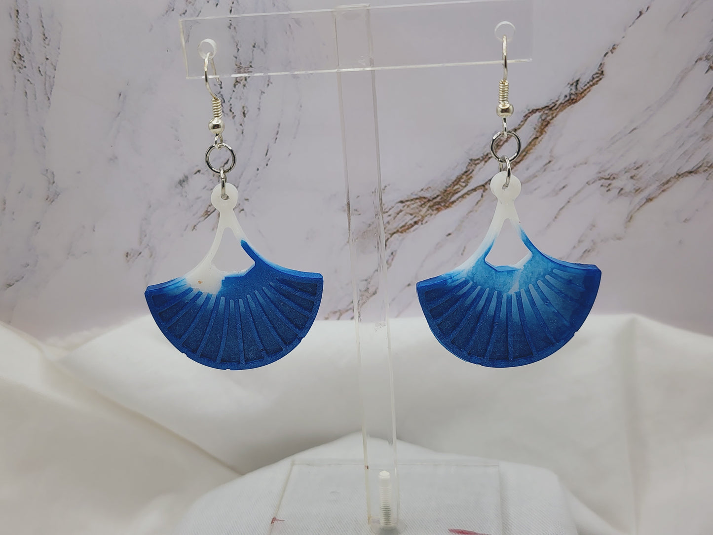 Blue and White Palm Fan Dangle Earrings