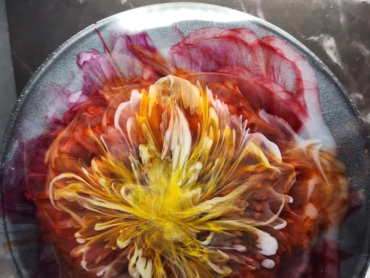 Red and Orange Alcohol Ink Blooms - Circle