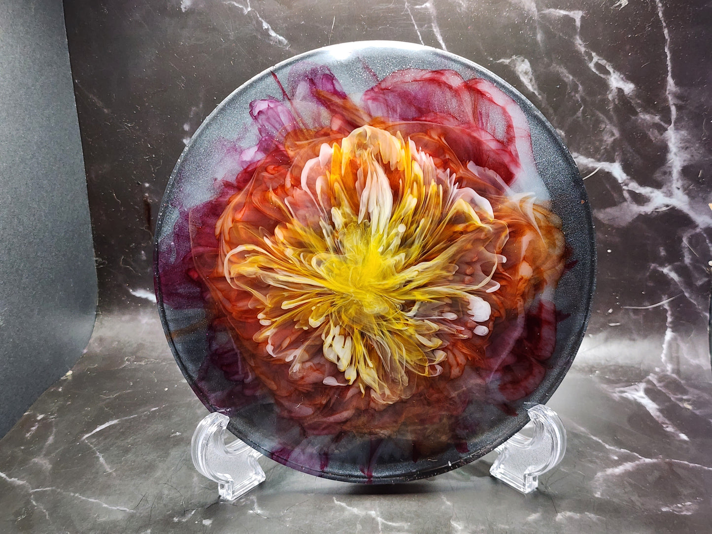 Red and Orange Alcohol Ink Blooms - Circle