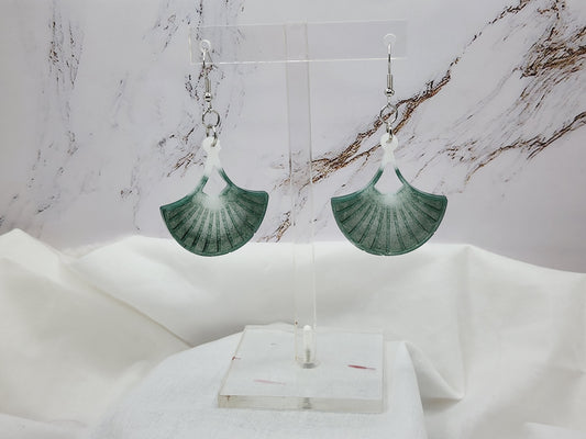 Green and White Palm Fan Dangle Earrings