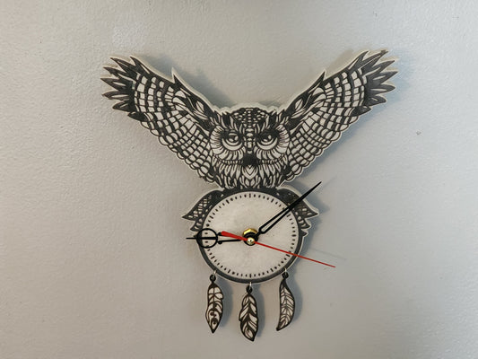 Ornate Owl Clock White and Black